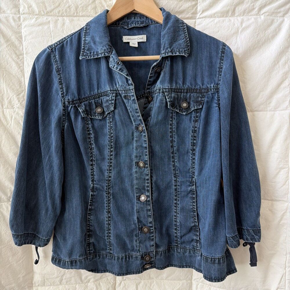 Coldwater Creek Denim Button Blue Soft Tencel Jacket Ruched Sleeves Size 10